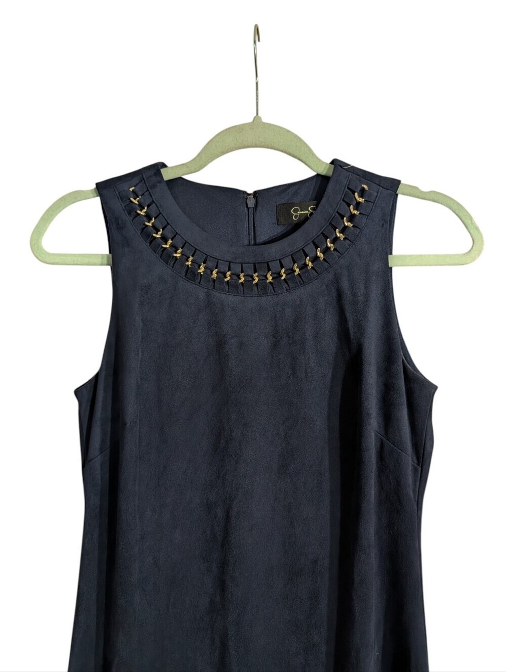 Jessica Simpson Navy Faux Suede Shift Dress with Gold Chain Neckline | Sleeveles - Picture 3 of 8